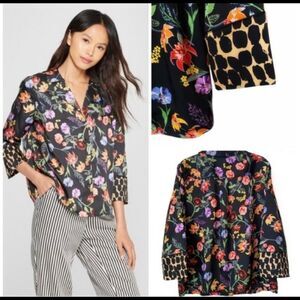 Who What Wear Black Floral V Neck Pajama Style Satin Silky Blouse